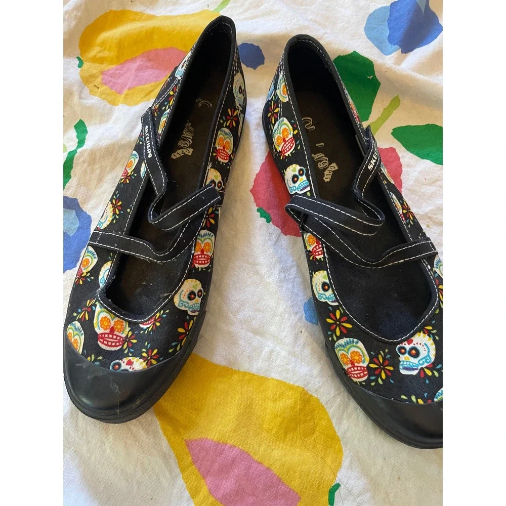 Y2k skechers Women Sugar Skull‎ Day of the Dead Mary Jane Black Flats Size 10